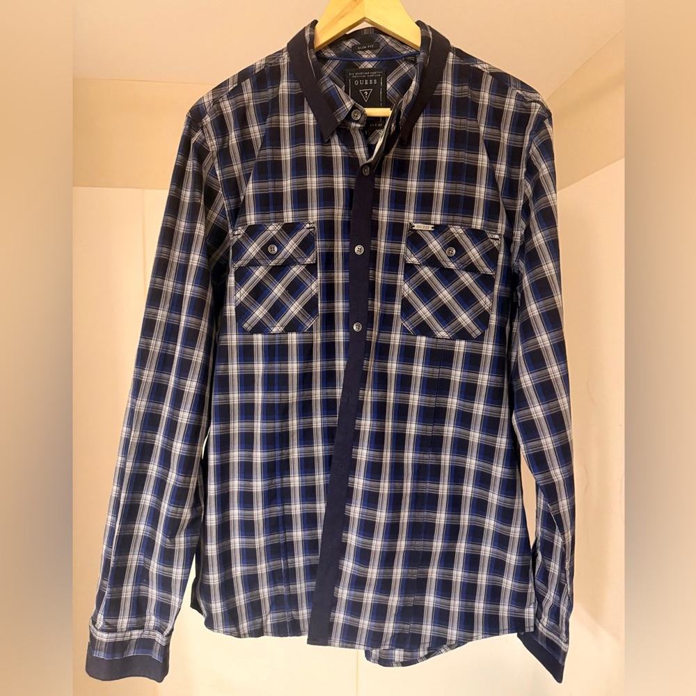 [NWT] Guess Men's Slim Fit Plaid Button-Down Shirt-Navy, White, Size L